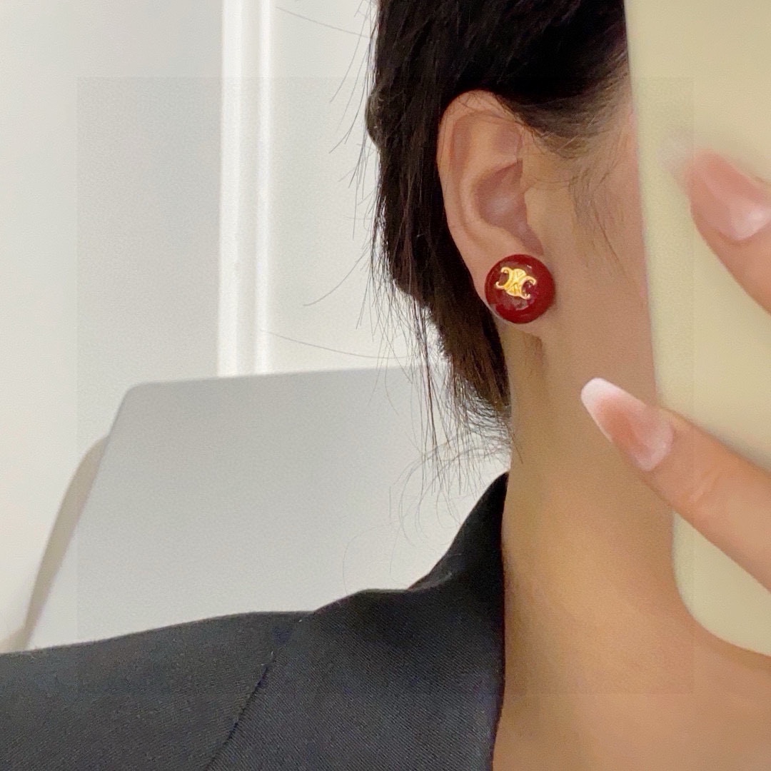 Celine Triomphe Resin Ball Stud Earrings earrings gold-tone metal deep burgundy red resin 1 5cm diameter
