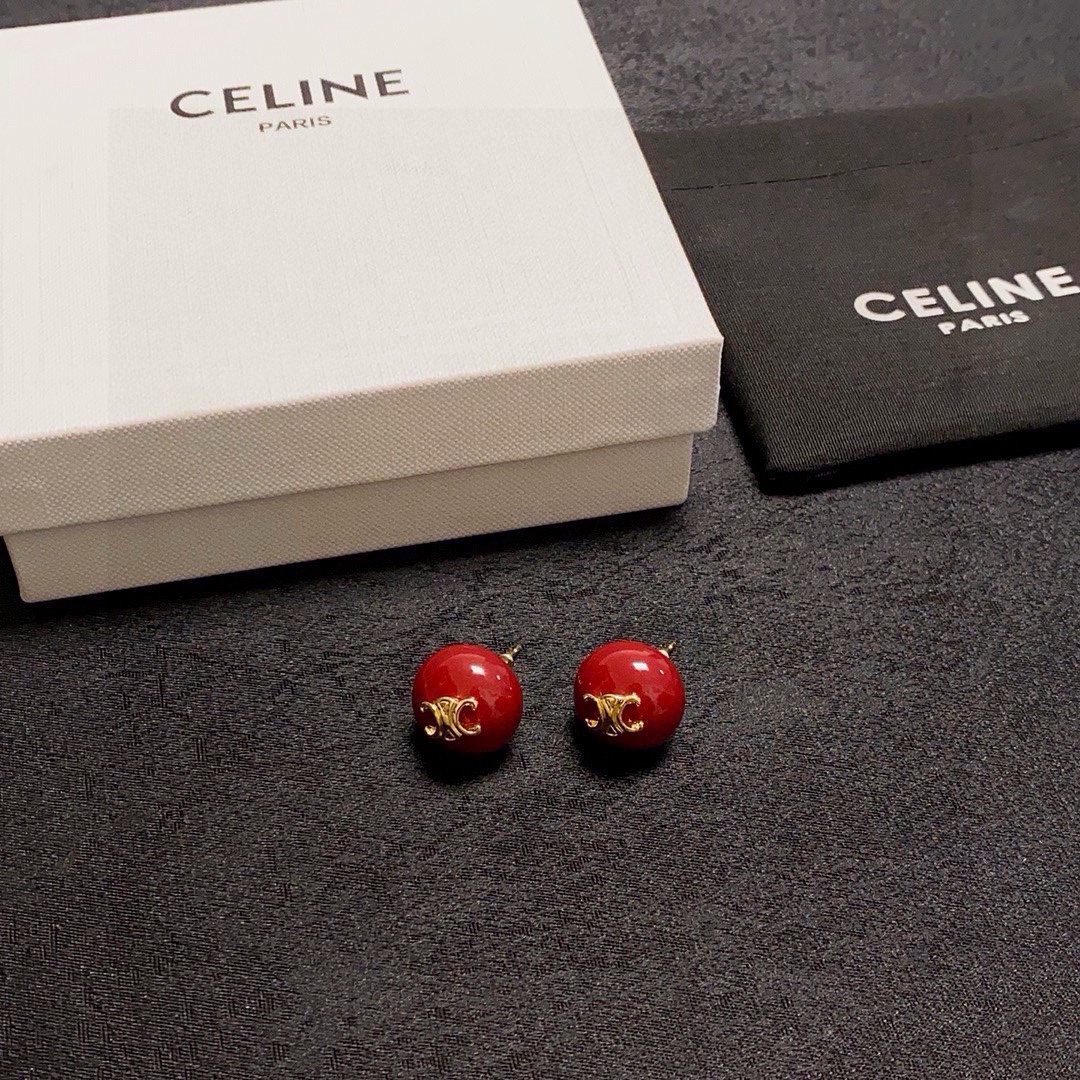 Celine Triomphe Resin Ball Stud Earrings earrings gold-tone metal deep burgundy red resin 1 5cm diameter
