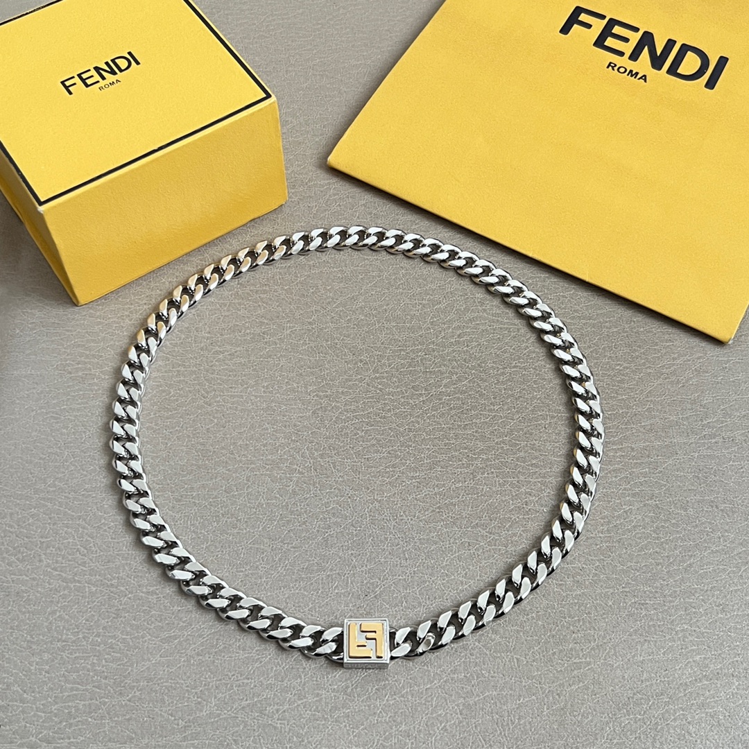 Fendi FF Logo Curb Chain necklace Silver-tone metal with gold-tone FF logo accent 45cm