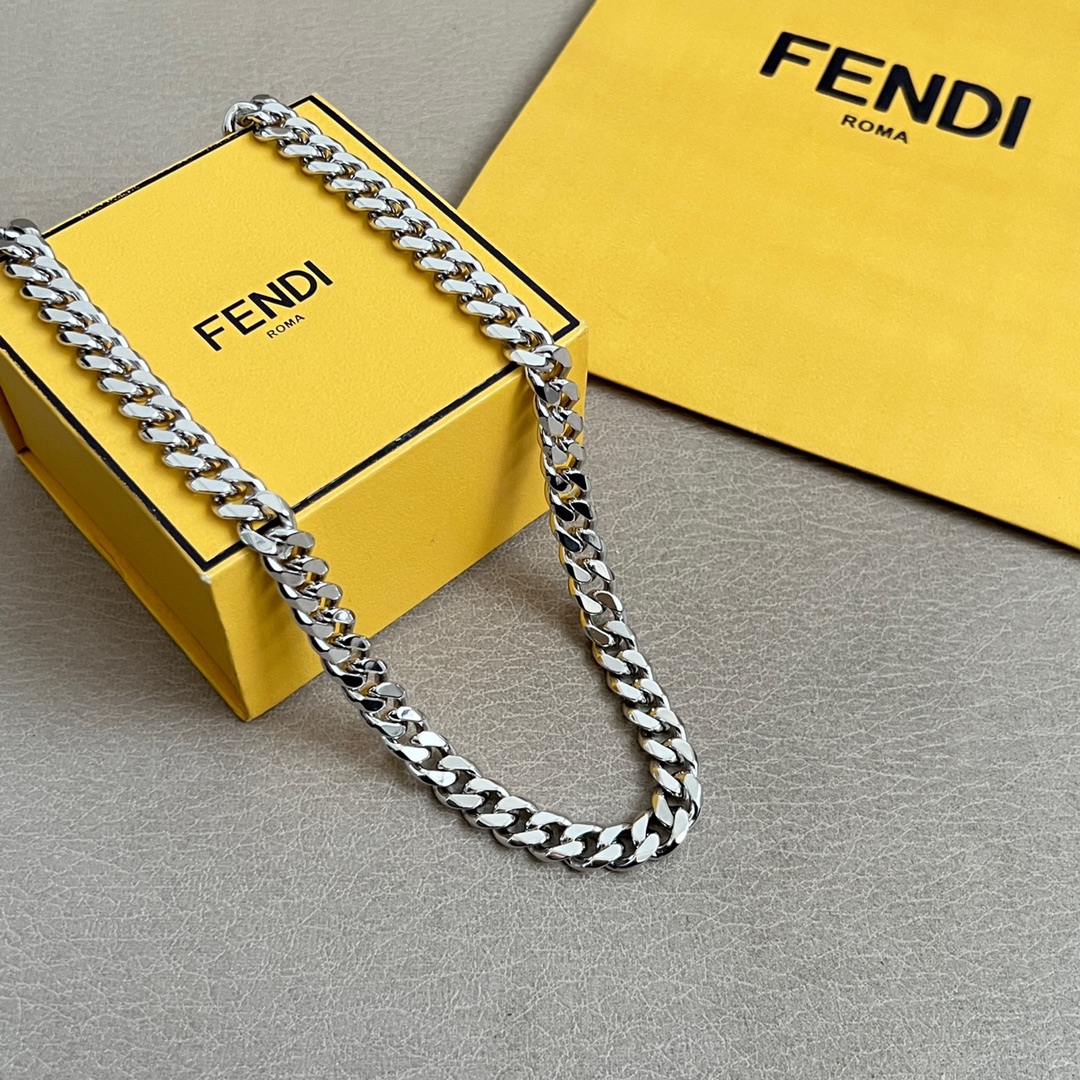 Fendi FF Logo Curb Chain necklace Silver-tone metal with gold-tone FF logo accent 45cm