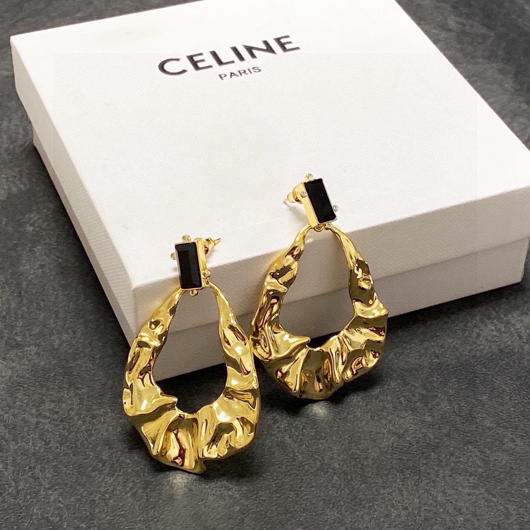 Celine Molten Hoop Drop Earrings earrings gold-tone metal with black rectangular stone accents 4 5cm drop length