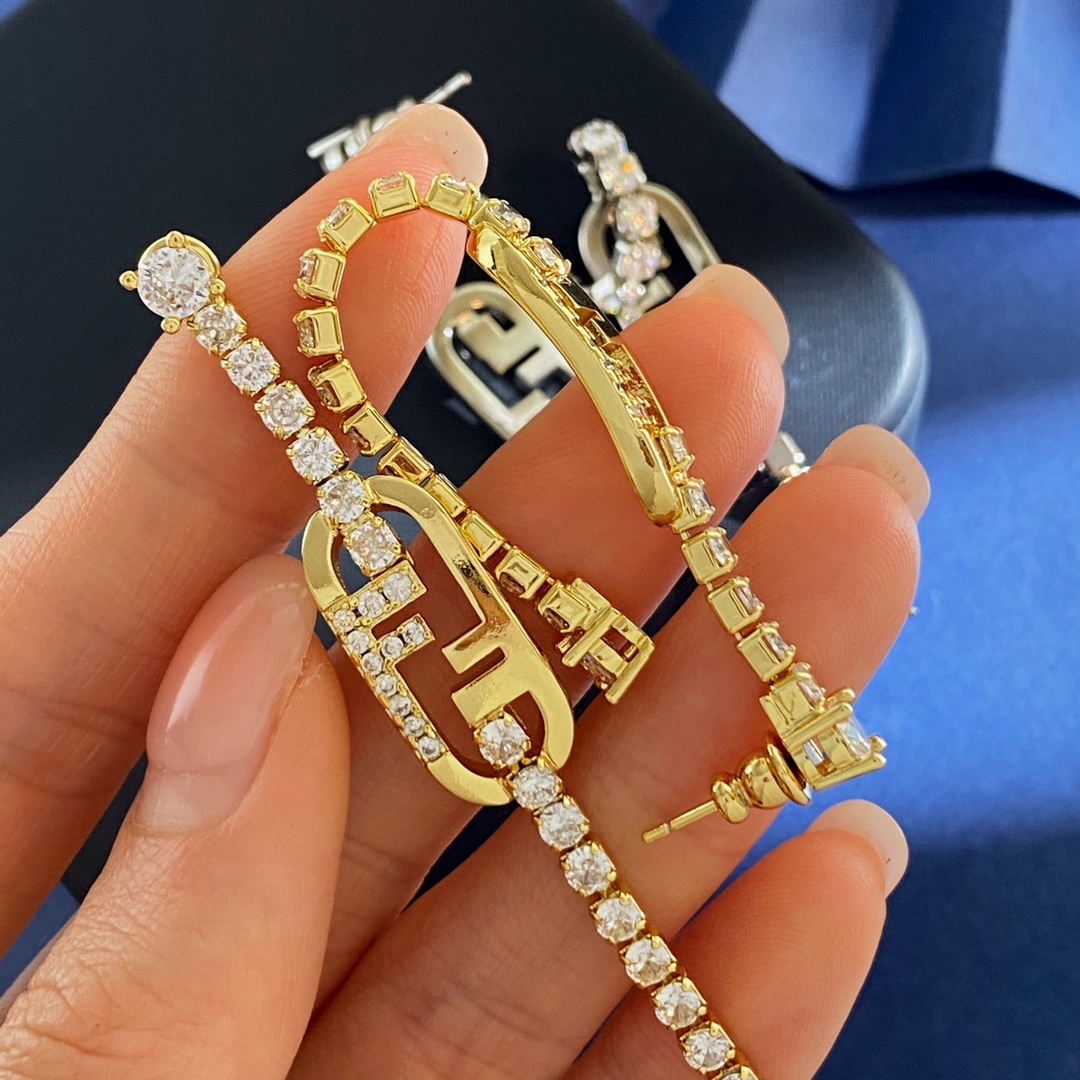 Fendi O Lock earrings gold-tone metal with clear crystal accents 58mm
