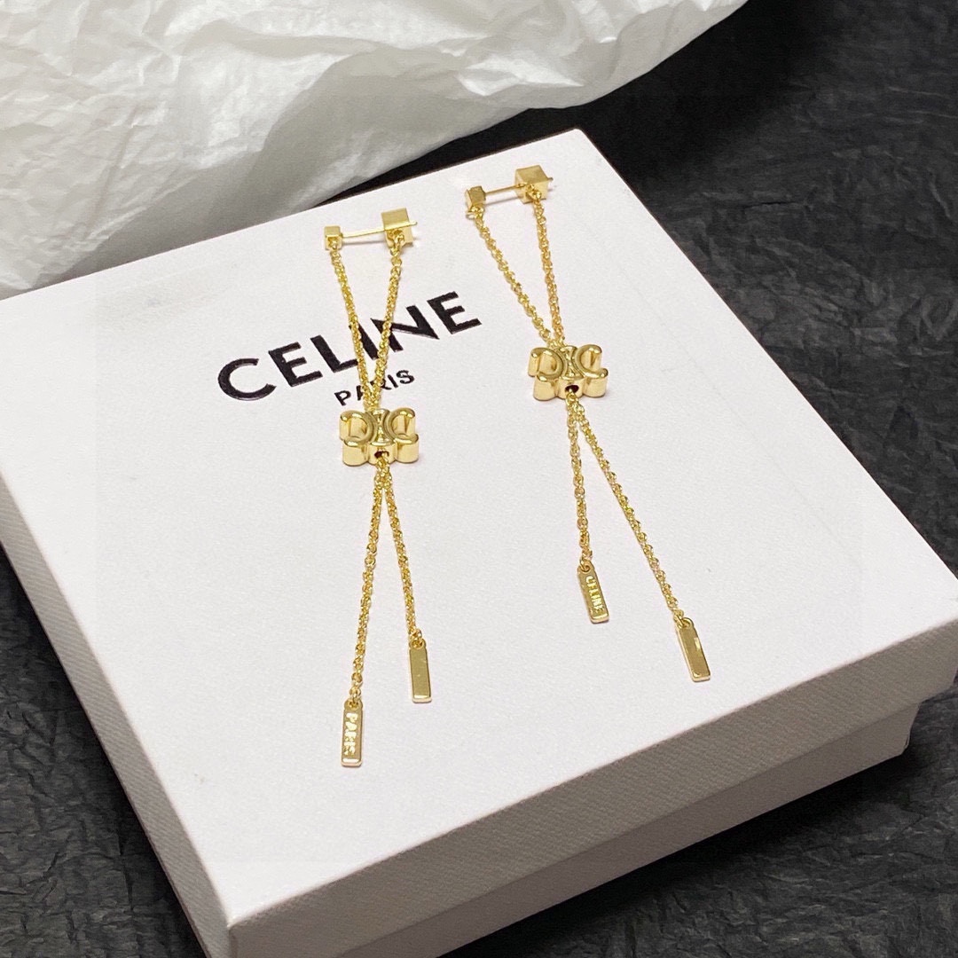Celine Triomphe Long Chain Drop Earrings earrings gold-tone metal 7cm drop length