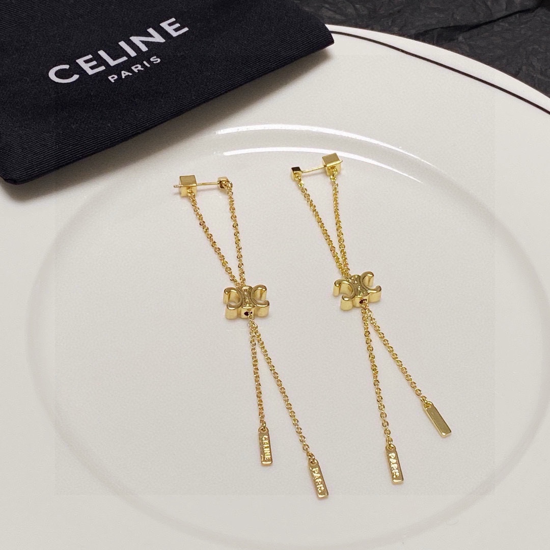 Celine Triomphe Long Chain Drop Earrings earrings gold-tone metal 7cm drop length