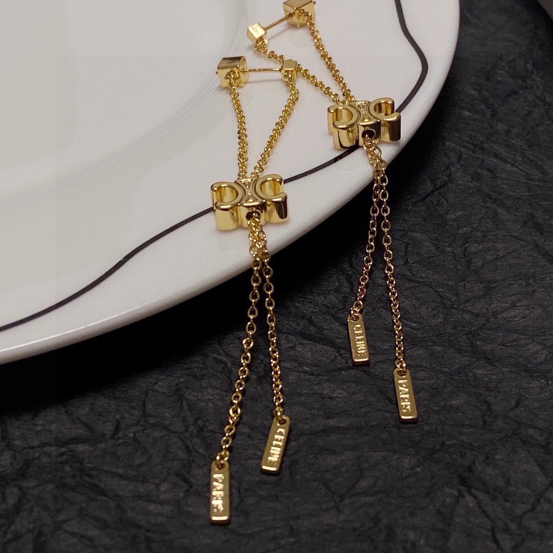 Celine Triomphe Long Chain Drop Earrings earrings gold-tone metal 7cm drop length