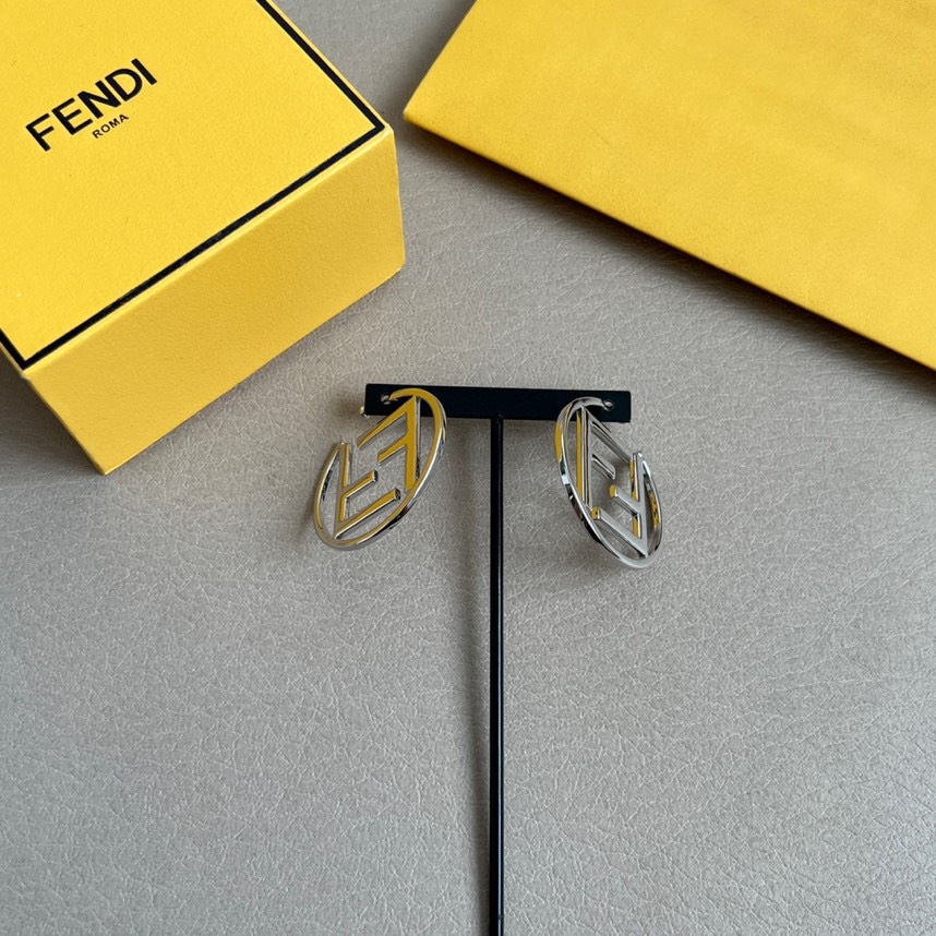 Fendi FF Logo Hoop earrings silver tone metal 4cm diameter