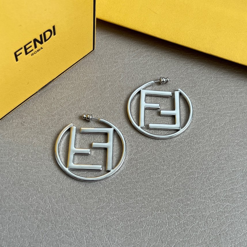 Fendi FF Logo Hoop earrings silver tone metal 4cm diameter