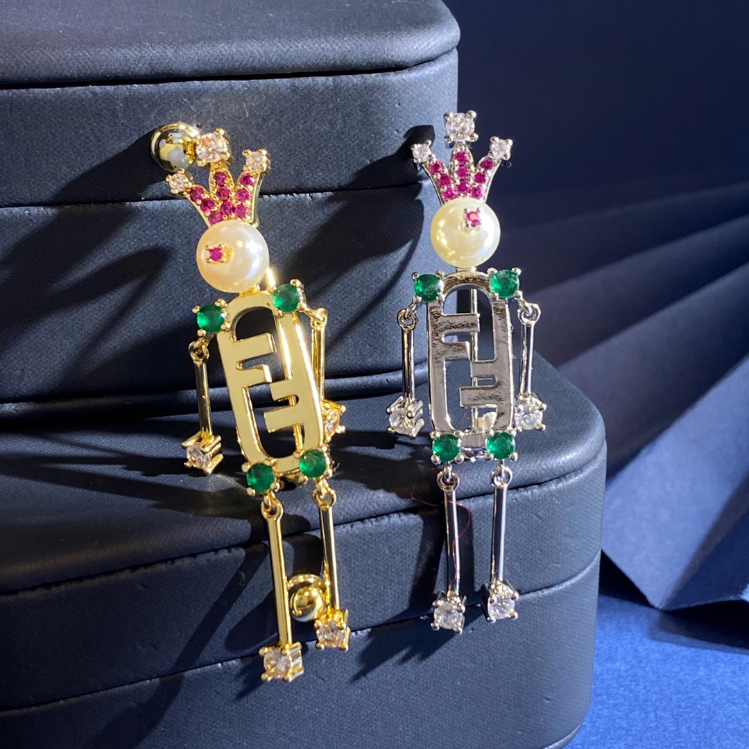Fendi O Lock brooch gold-tone metal with cream resin pearl pink peridot green and clear faceted crystals 6cm height