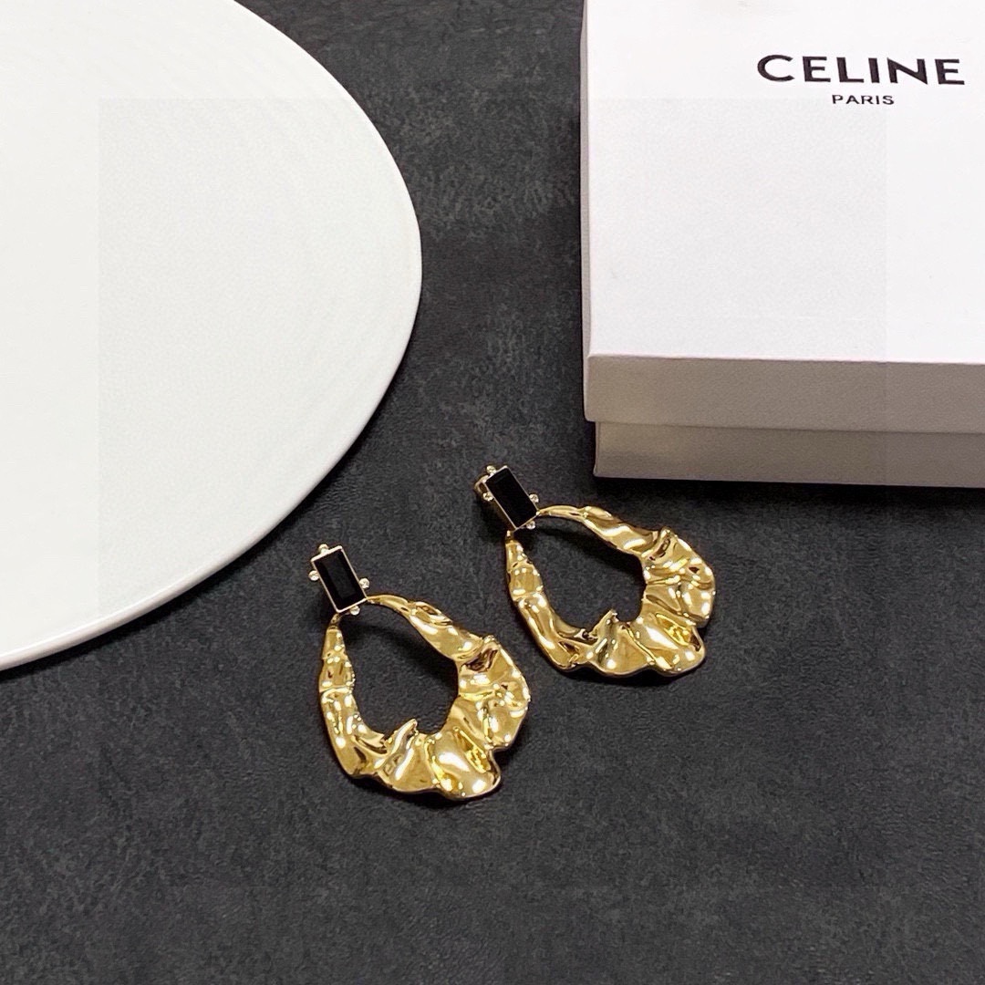 Celine Molten Hoop Drop Earrings earrings gold-tone metal with black rectangular stone accents 5cm drop length