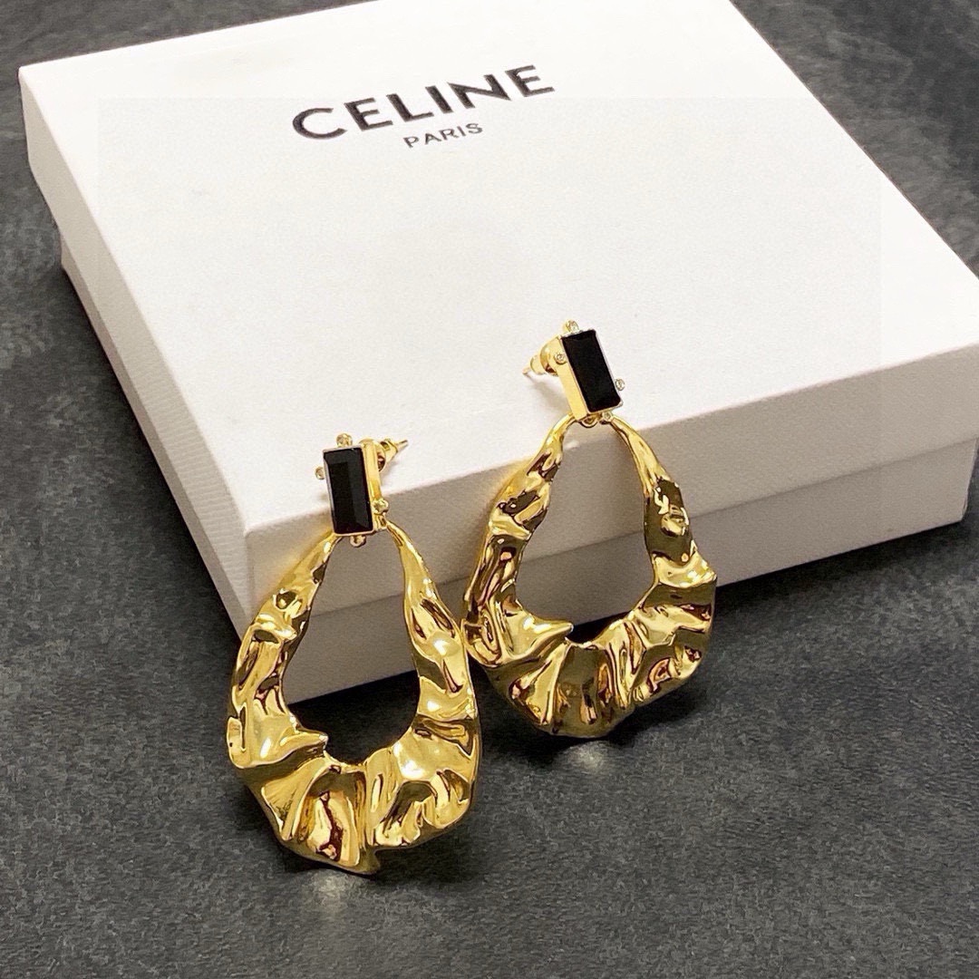 Celine Molten Hoop Drop Earrings earrings gold-tone metal with black rectangular stone accents 5cm drop length