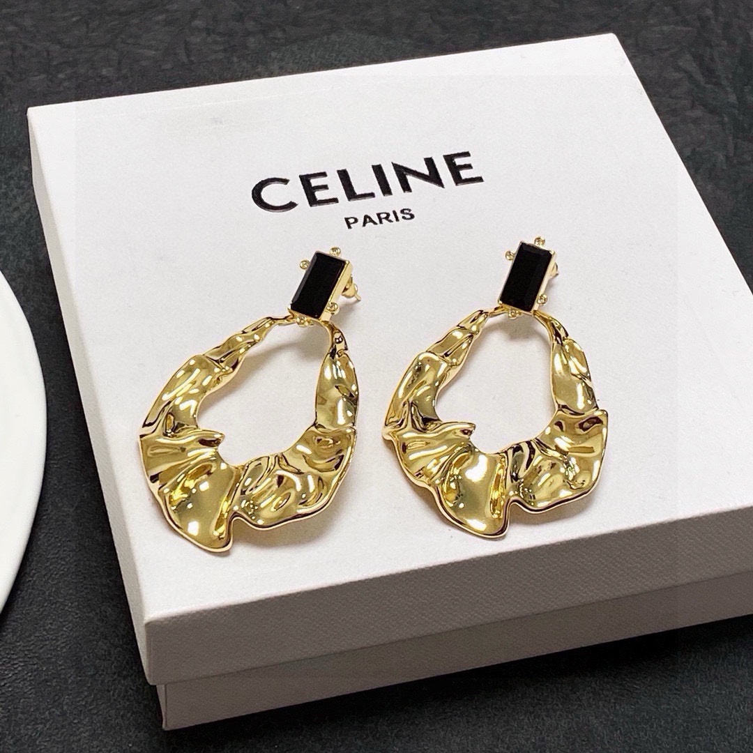 Celine Molten Hoop Drop Earrings earrings gold-tone metal with black rectangular stone accents 5cm drop length