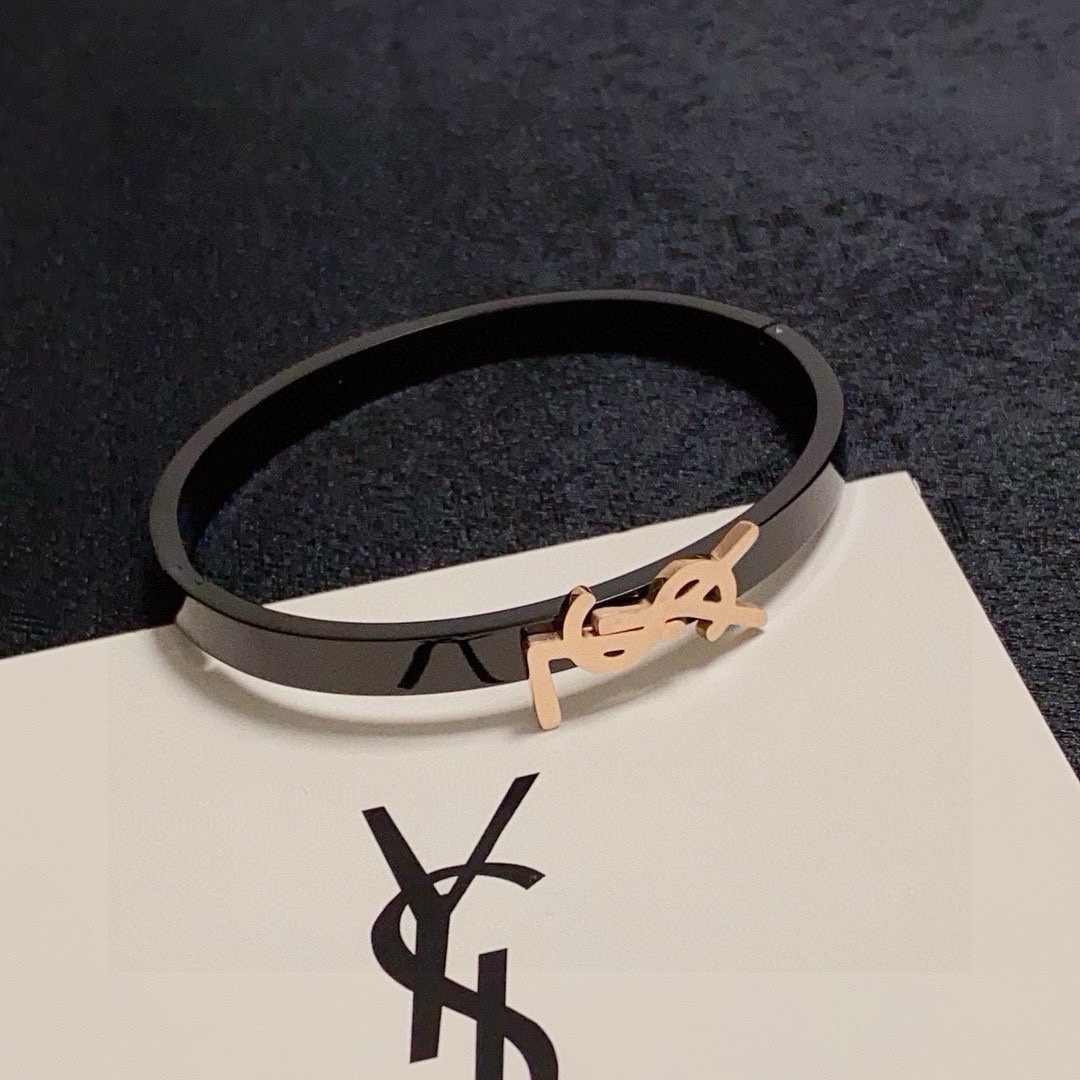 Saint Laurent Cassandre YSL Logo Bangle bracelet black enamel with gold-tone metal logo 17cm inner circumference