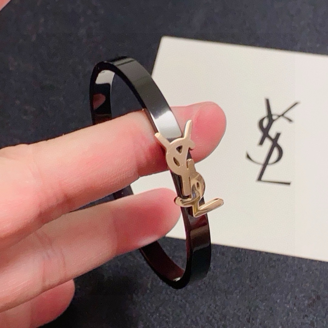 Saint Laurent Cassandre YSL Logo Bangle bracelet black enamel with gold-tone metal logo 17cm inner circumference