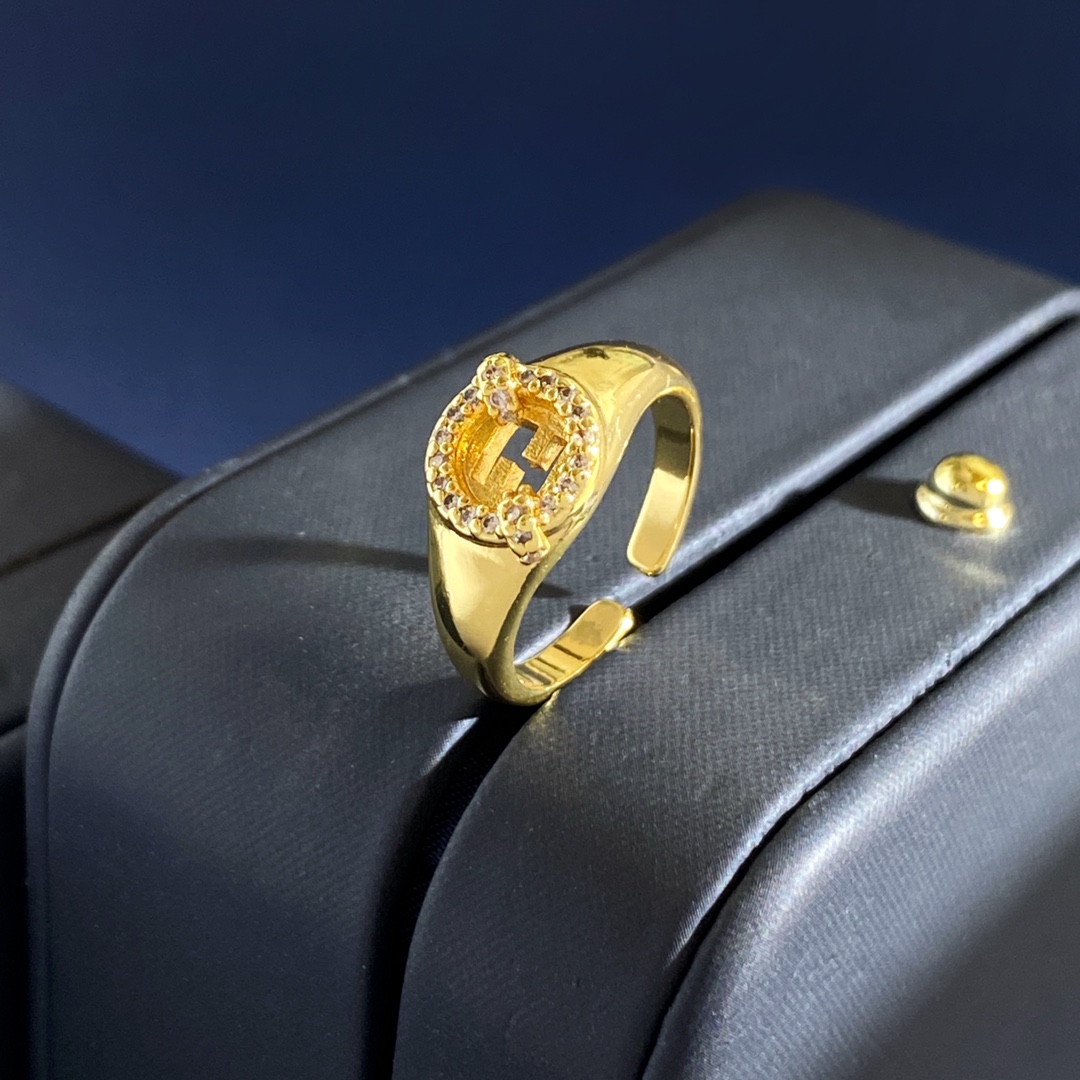 Fendi FD925252 FF Logo Signet Ring ring gold-tone metal with clear pave stones silver-tone metal with clear pave stones adjustable open band