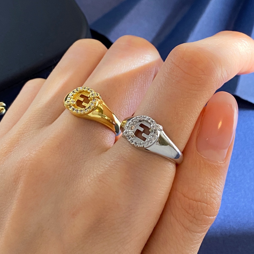 Fendi FD925252 FF Logo Signet Ring ring gold-tone metal with clear pave stones silver-tone metal with clear pave stones adjustable open band