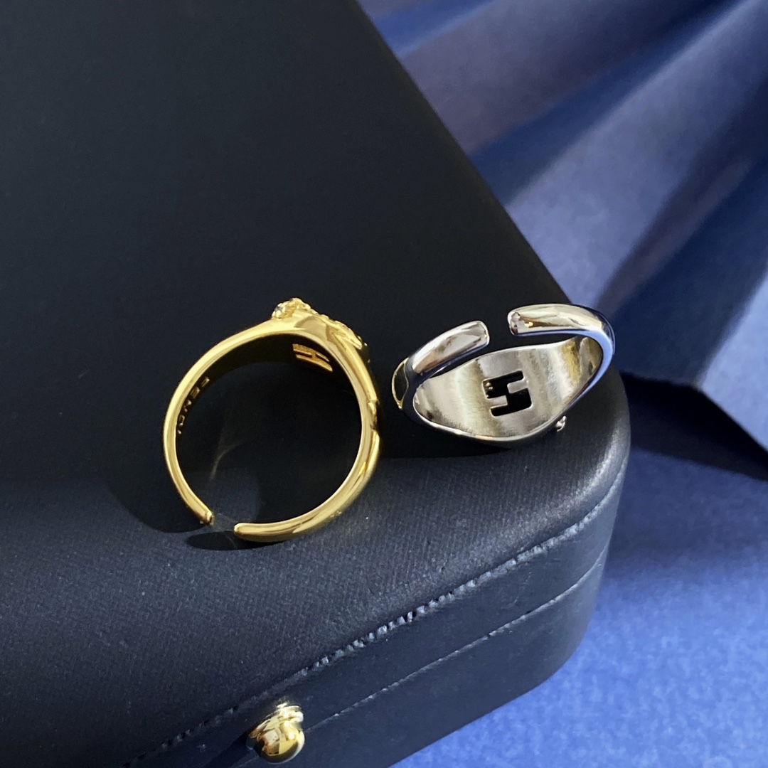 Fendi FD925252 FF Logo Signet Ring ring gold-tone metal with clear pave stones silver-tone metal with clear pave stones adjustable open band