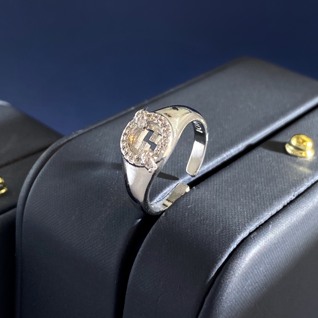 Fendi FD925252 FF Logo Signet Ring ring gold-tone metal with clear pave stones silver-tone metal with clear pave stones adjustable open band