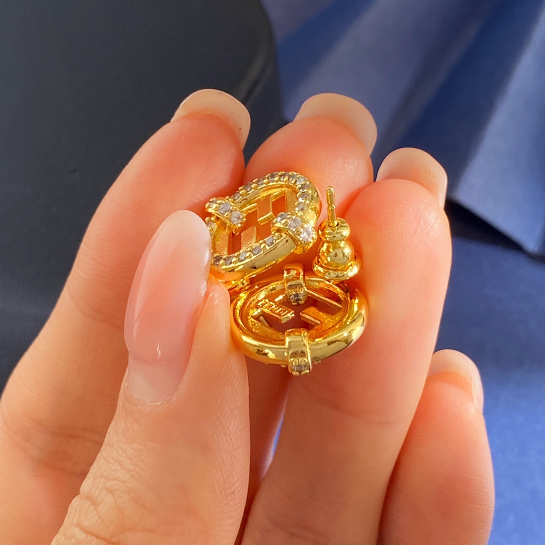 Fendi EverRound earrings gold-tone metal with clear crystal accents 1 2cm diameter
