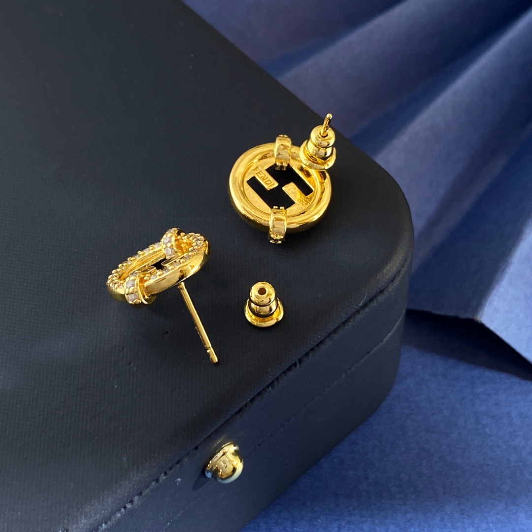 Fendi EverRound earrings gold-tone metal with clear crystal accents 1 2cm diameter