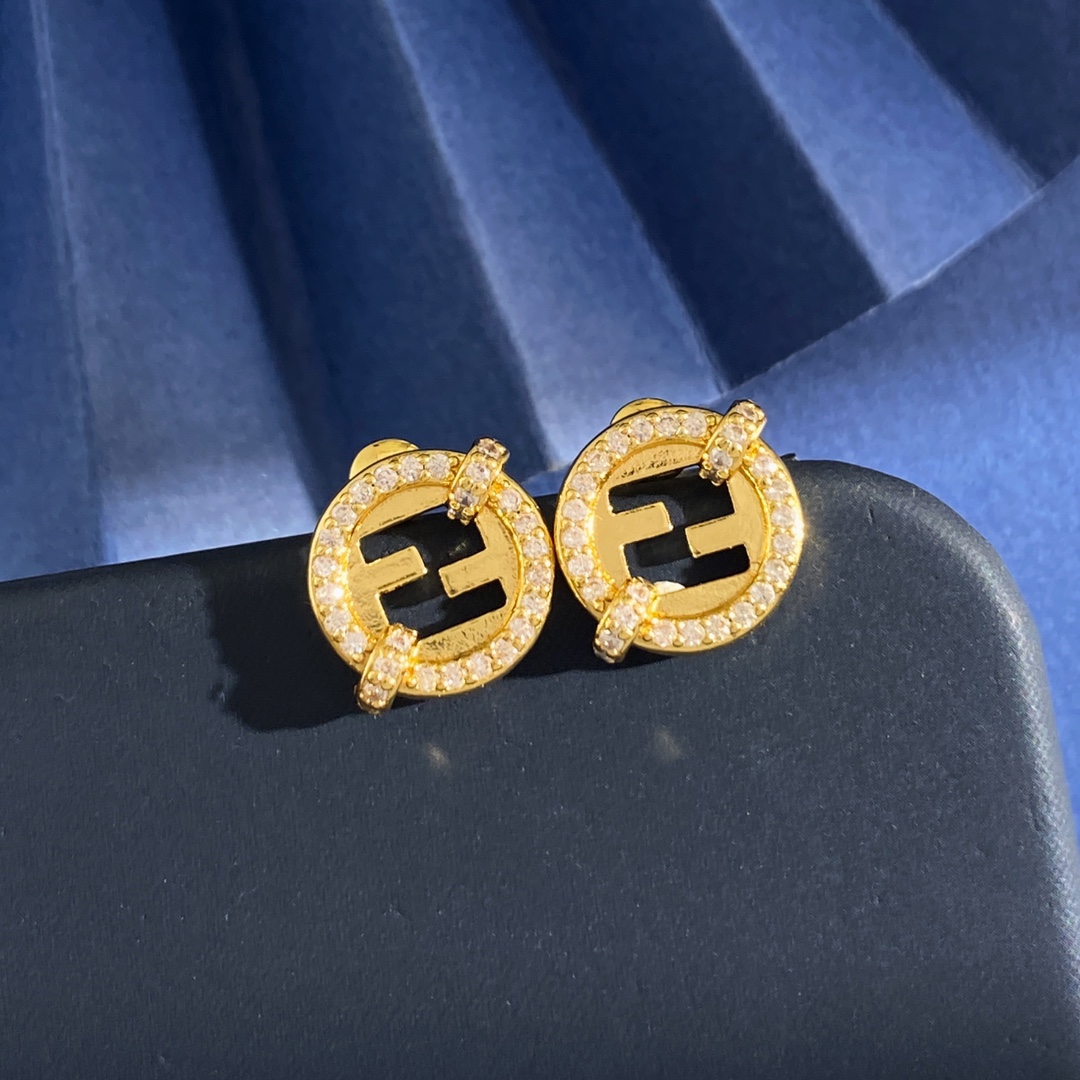 Fendi EverRound earrings gold-tone metal with clear crystal accents 1 2cm diameter