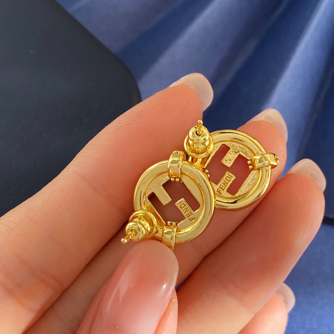 Fendi EverRound earrings gold-tone metal with clear crystal accents 1 2cm diameter