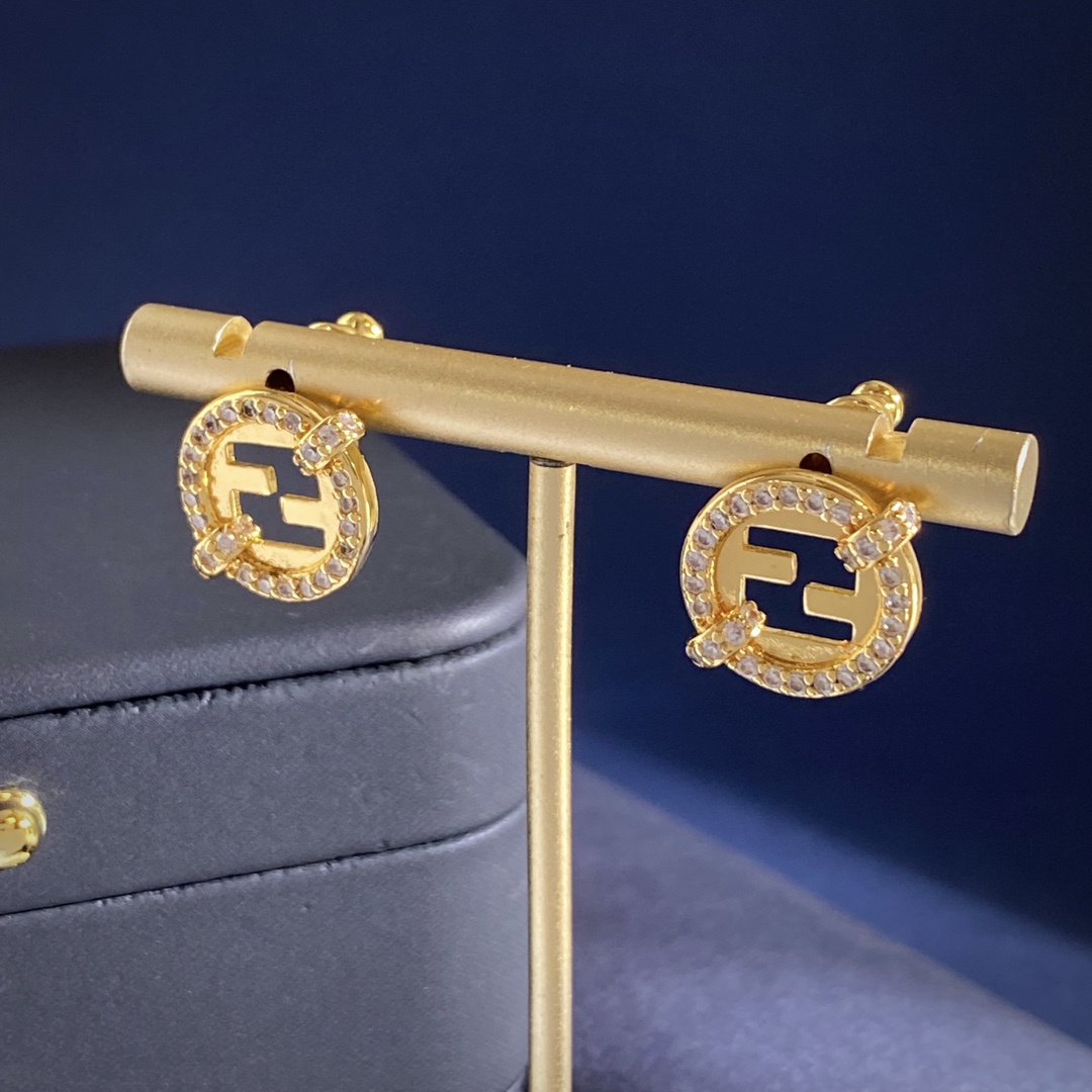 Fendi EverRound earrings gold-tone metal with clear crystal accents 1 2cm diameter