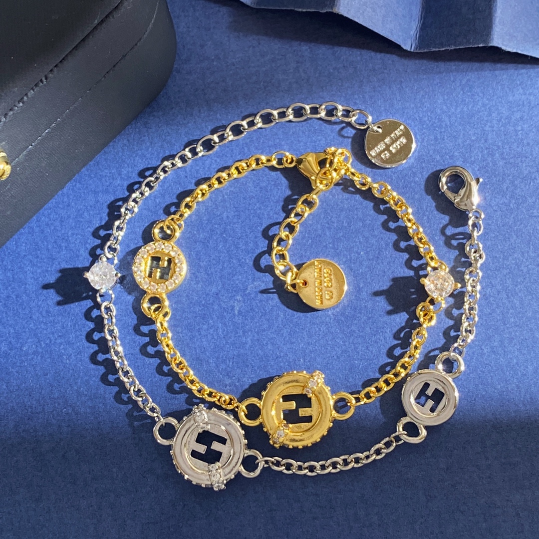 Fendi EverRound bracelet gold-tone metal with clear cubic zirconia accents adjustable 16-19cm