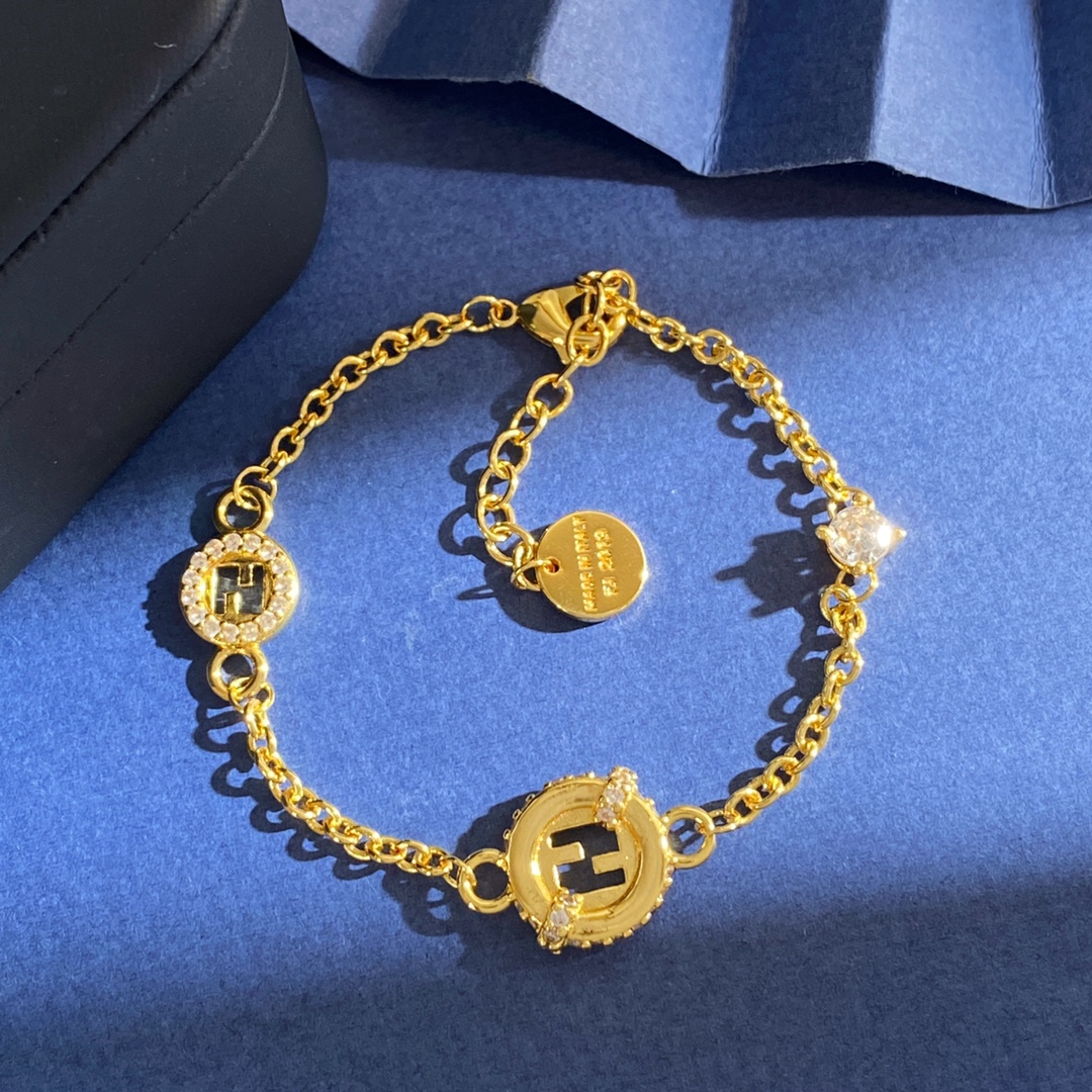Fendi EverRound bracelet gold-tone metal with clear cubic zirconia accents adjustable 16-19cm