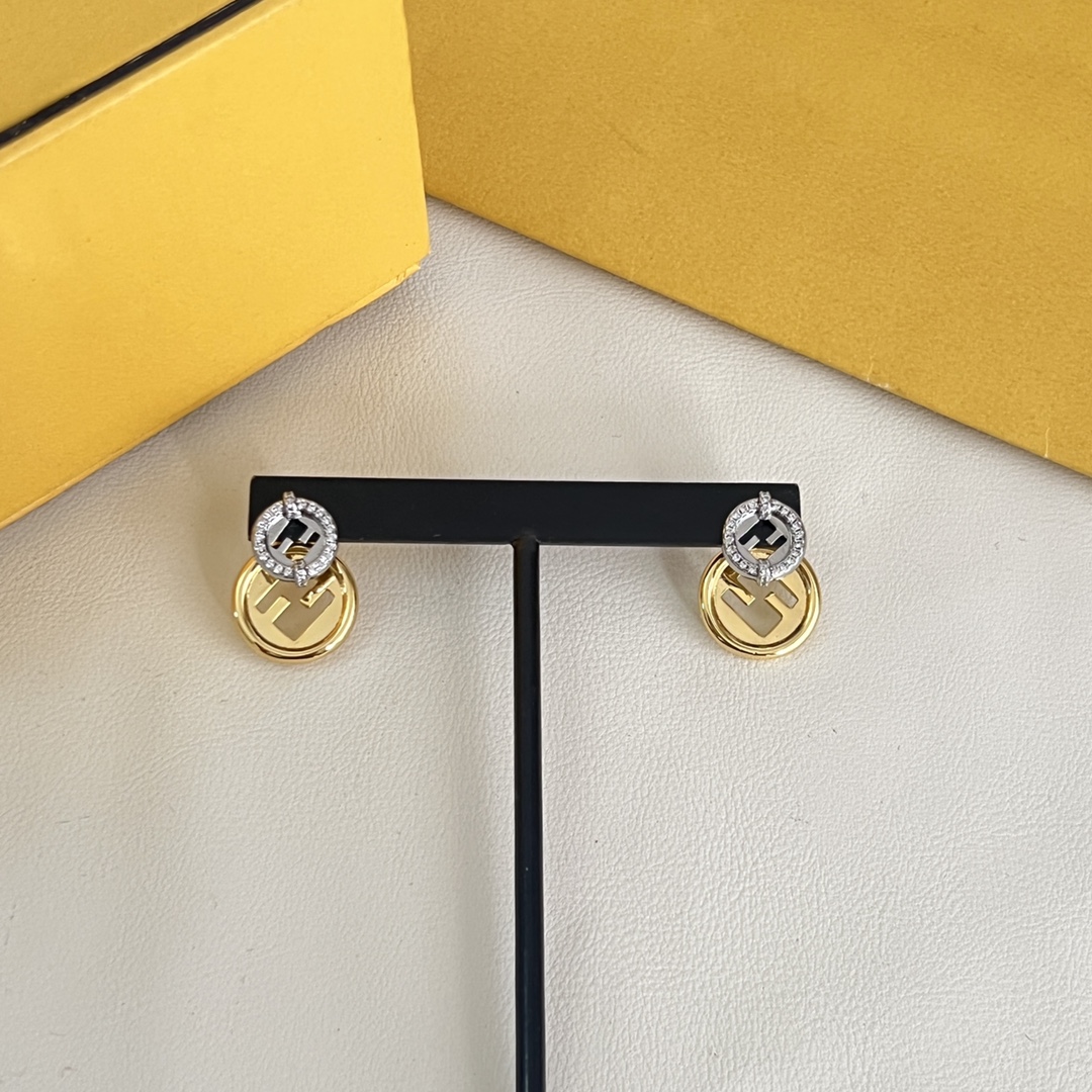 Fendi F Is Fendi earrings gold-tone metal silver-tone metal with clear crystal accents 1 2cm diameter