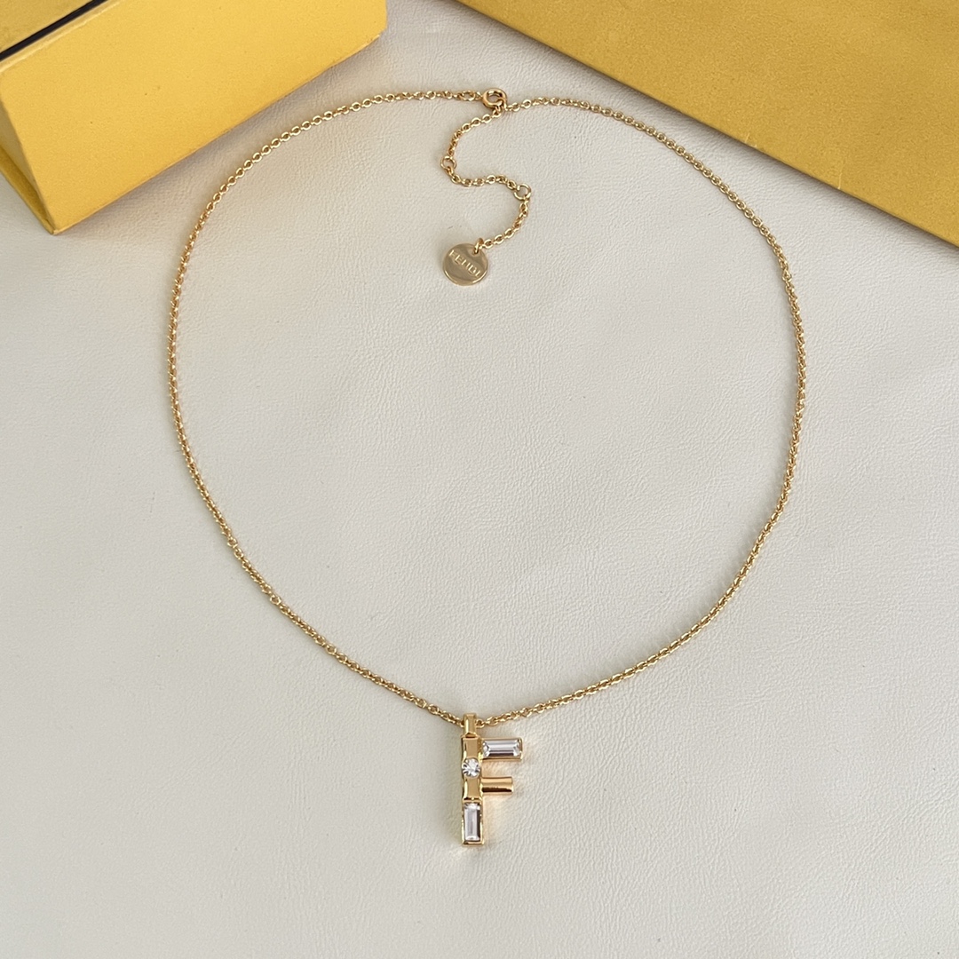Fendi FF Logo Crystal Pendant Necklace necklace gold-tone metal with clear faceted crystals 45cm with 5cm extender