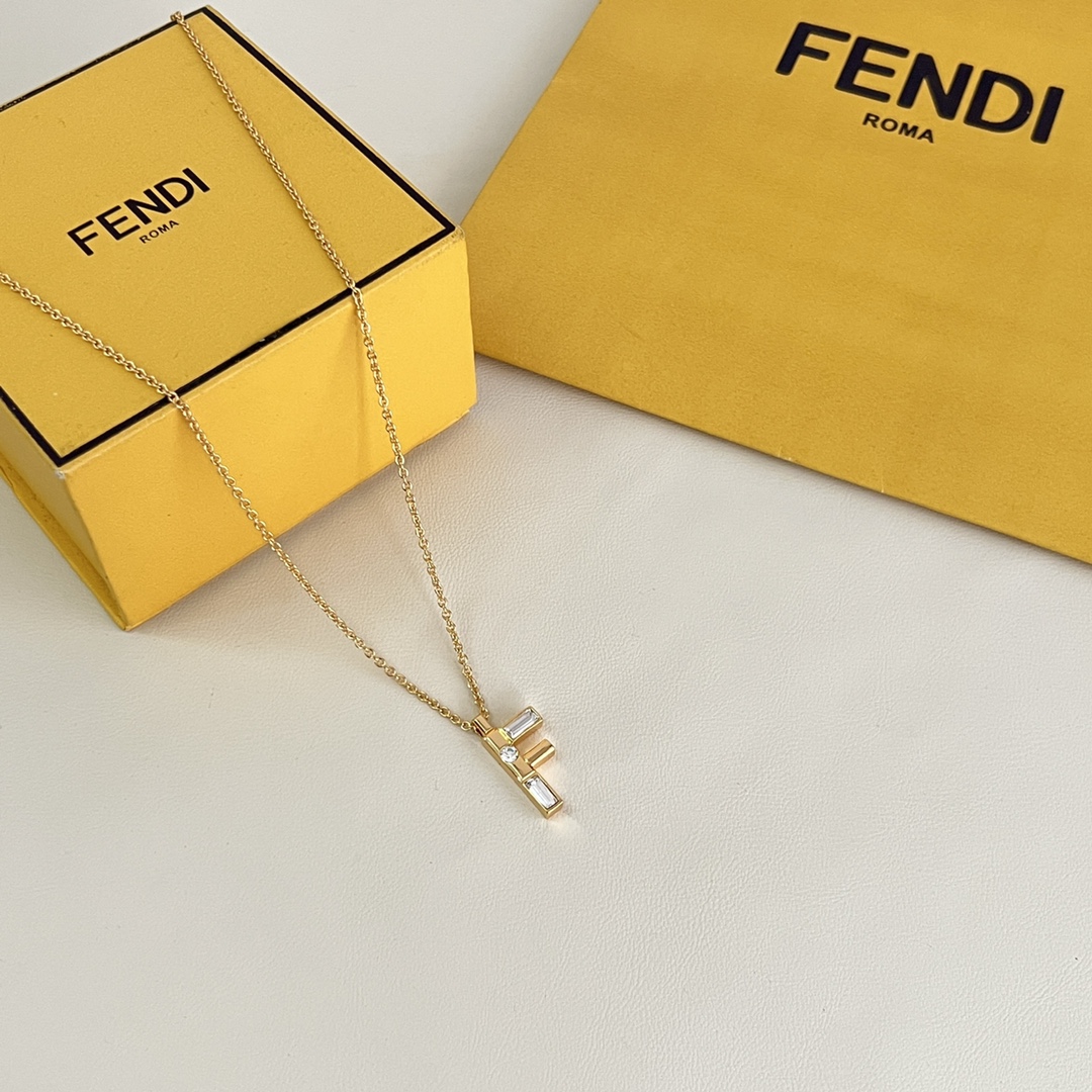 Fendi FF Logo Crystal Pendant Necklace necklace gold-tone metal with clear faceted crystals 45cm with 5cm extender