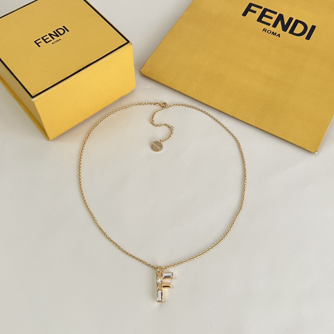 Fendi FF Logo Crystal Pendant Necklace necklace gold-tone metal with clear faceted crystals 45cm with 5cm extender