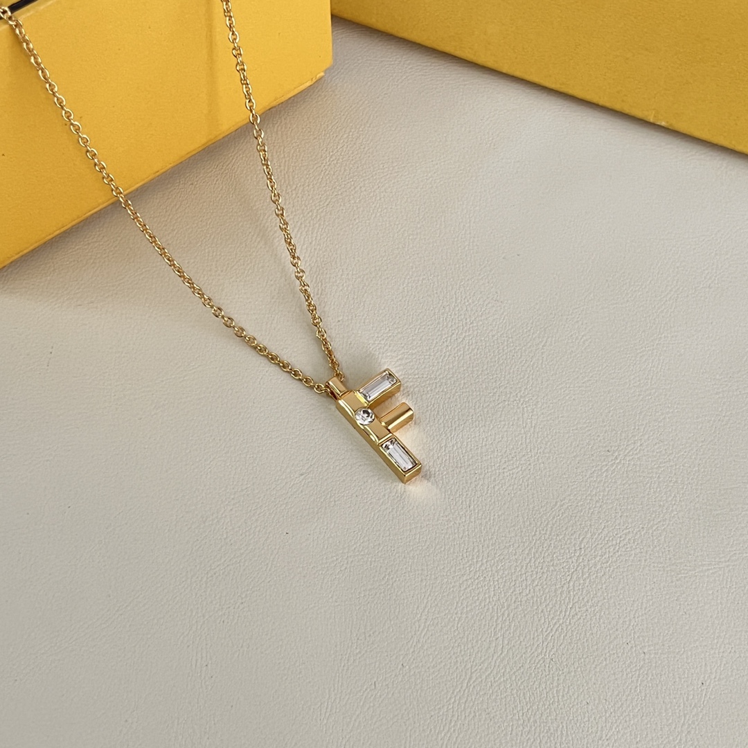 Fendi FF Logo Crystal Pendant Necklace necklace gold-tone metal with clear faceted crystals 45cm with 5cm extender