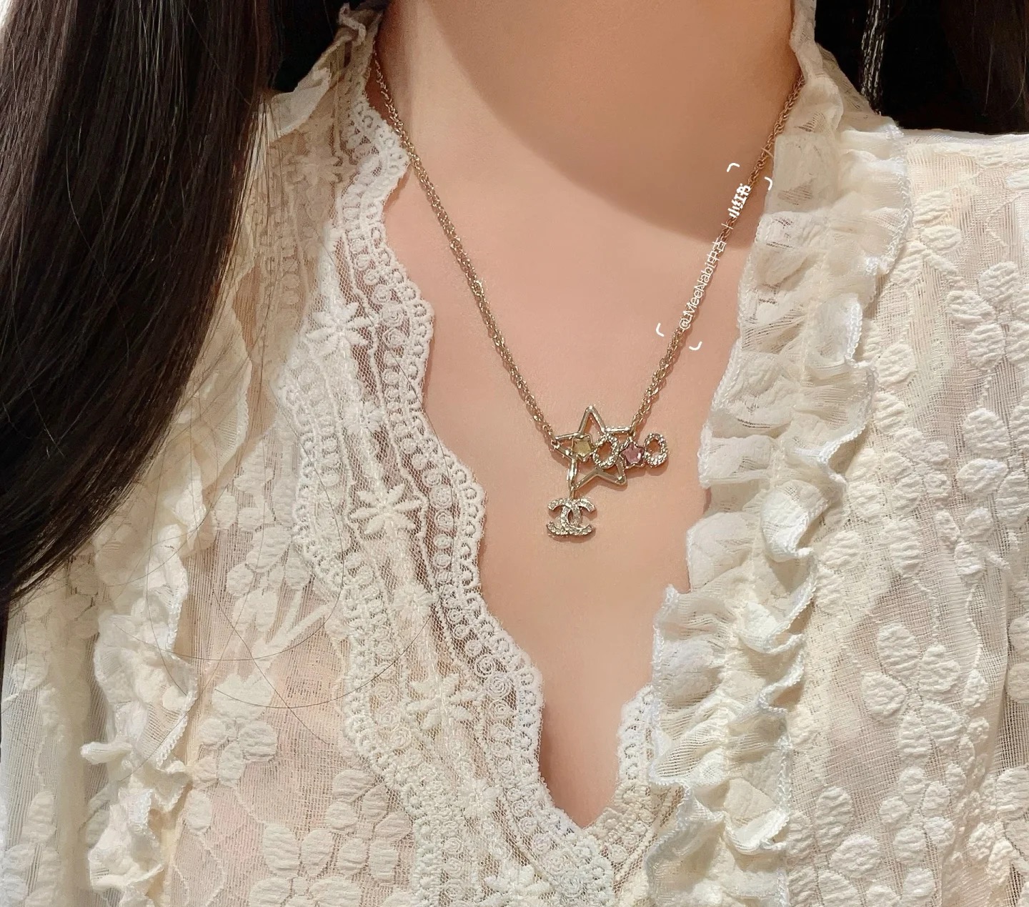 Chanel CC Star Charm necklace gold-tone metal with clear crystals pink and yellow star accents 42cm with 5cm extender