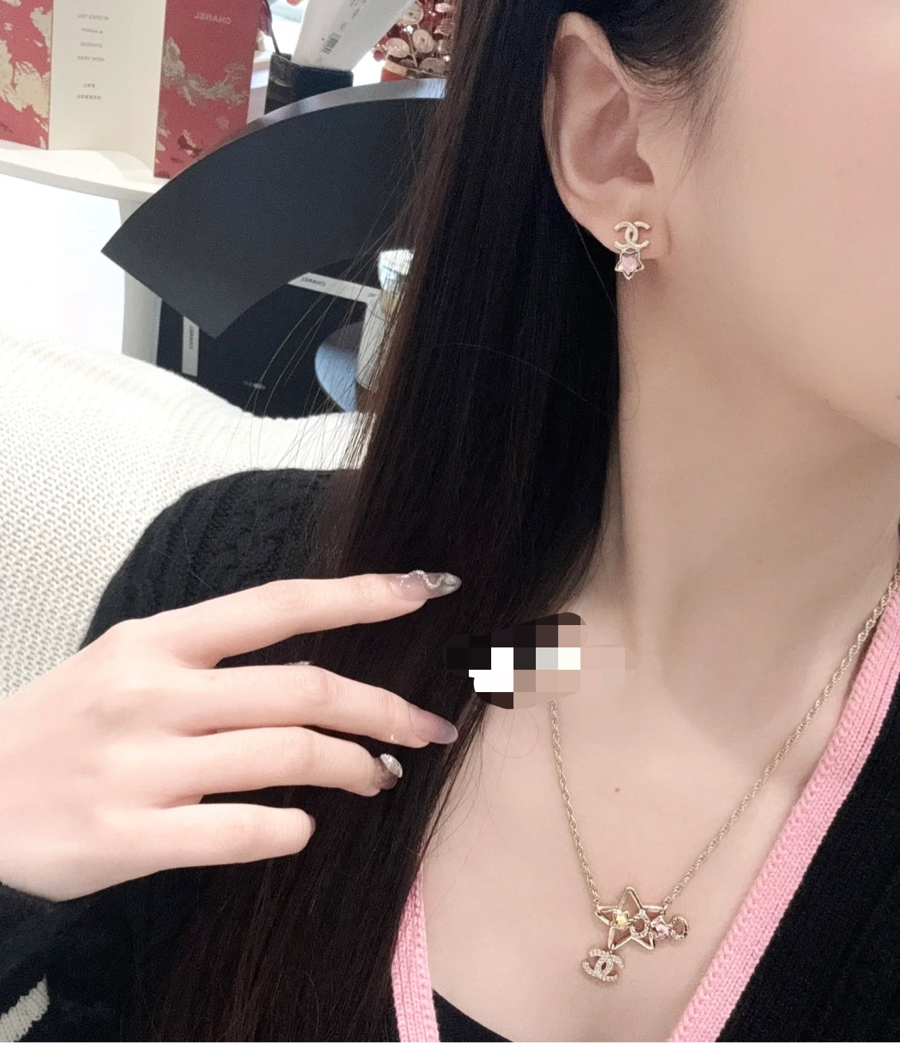 Chanel CC Star Charm necklace gold-tone metal with clear crystals pink and yellow star accents 42cm with 5cm extender