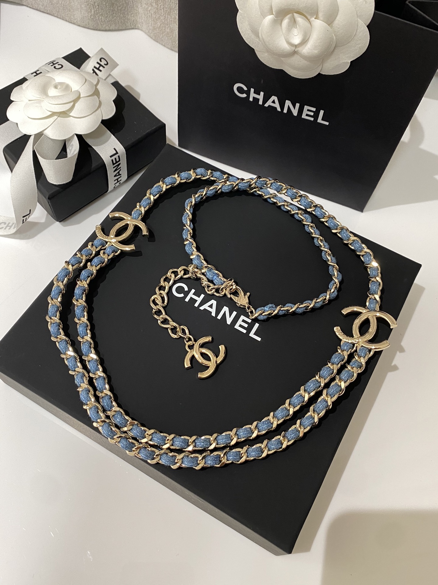 Chanel CC Denim Woven Chain Double Layer Necklace necklace Light gold tone metal light blue denim woven chain 80cm with 5cm extender
