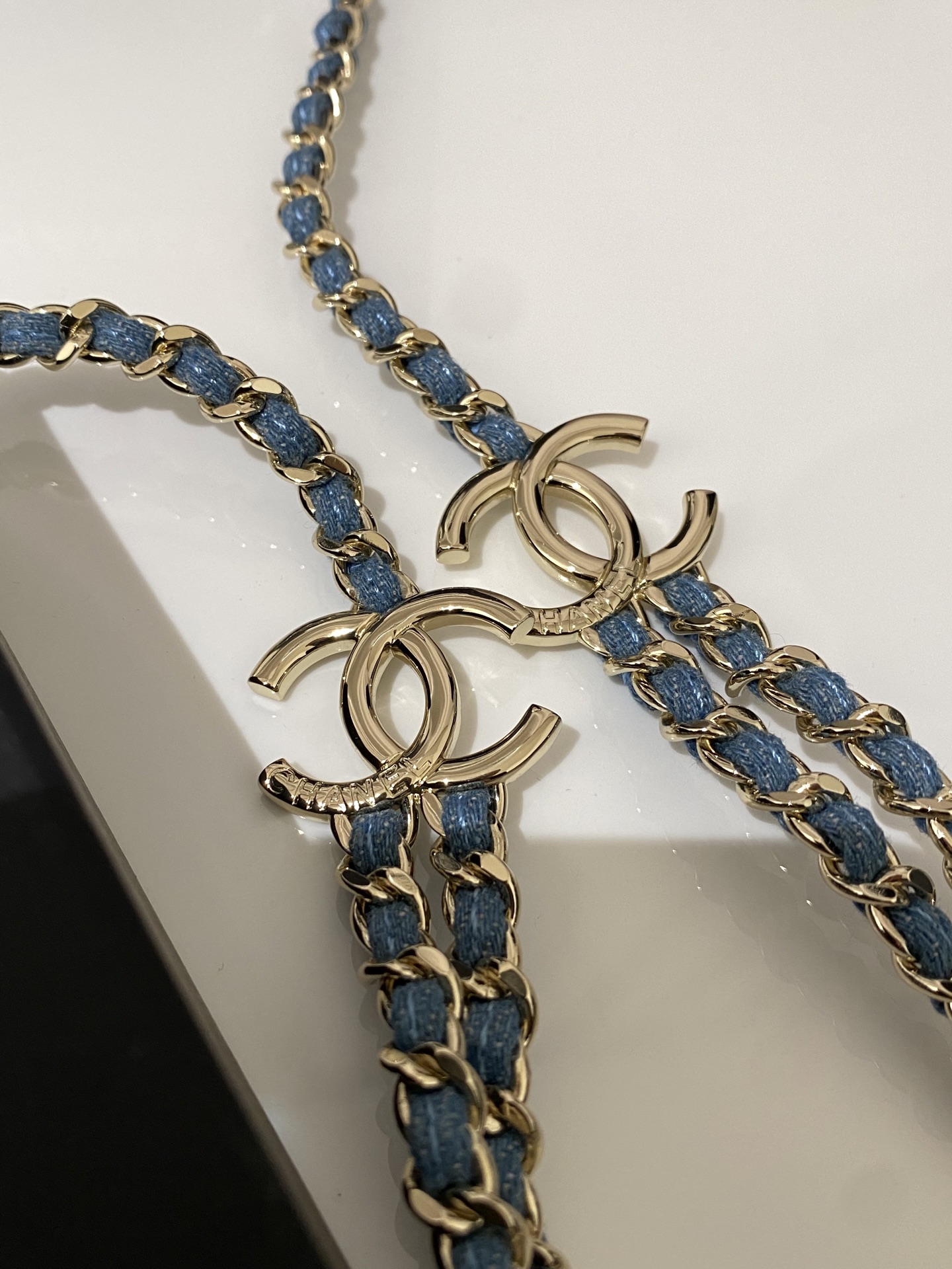 Chanel CC Denim Woven Chain Double Layer Necklace necklace Light gold tone metal light blue denim woven chain 80cm with 5cm extender