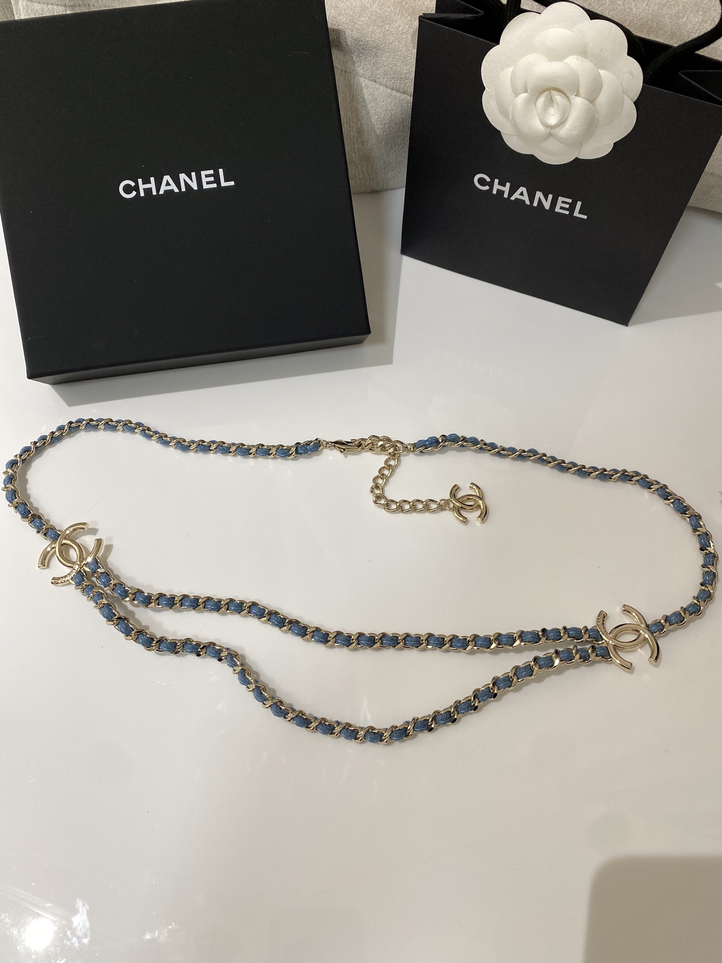 Chanel CC Denim Woven Chain Double Layer Necklace necklace Light gold tone metal light blue denim woven chain 80cm with 5cm extender