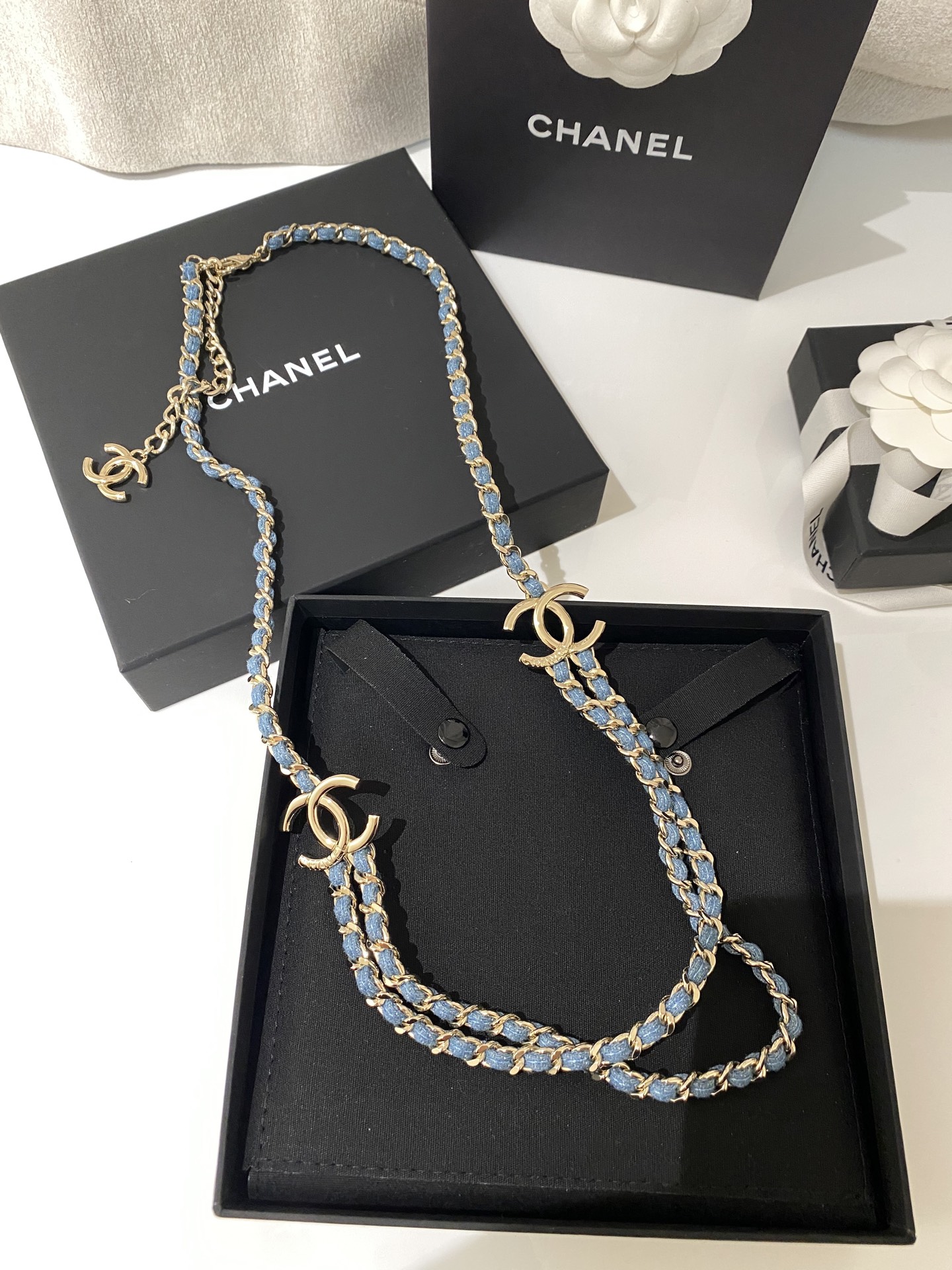 Chanel CC Denim Woven Chain Double Layer Necklace necklace Light gold tone metal light blue denim woven chain 80cm with 5cm extender
