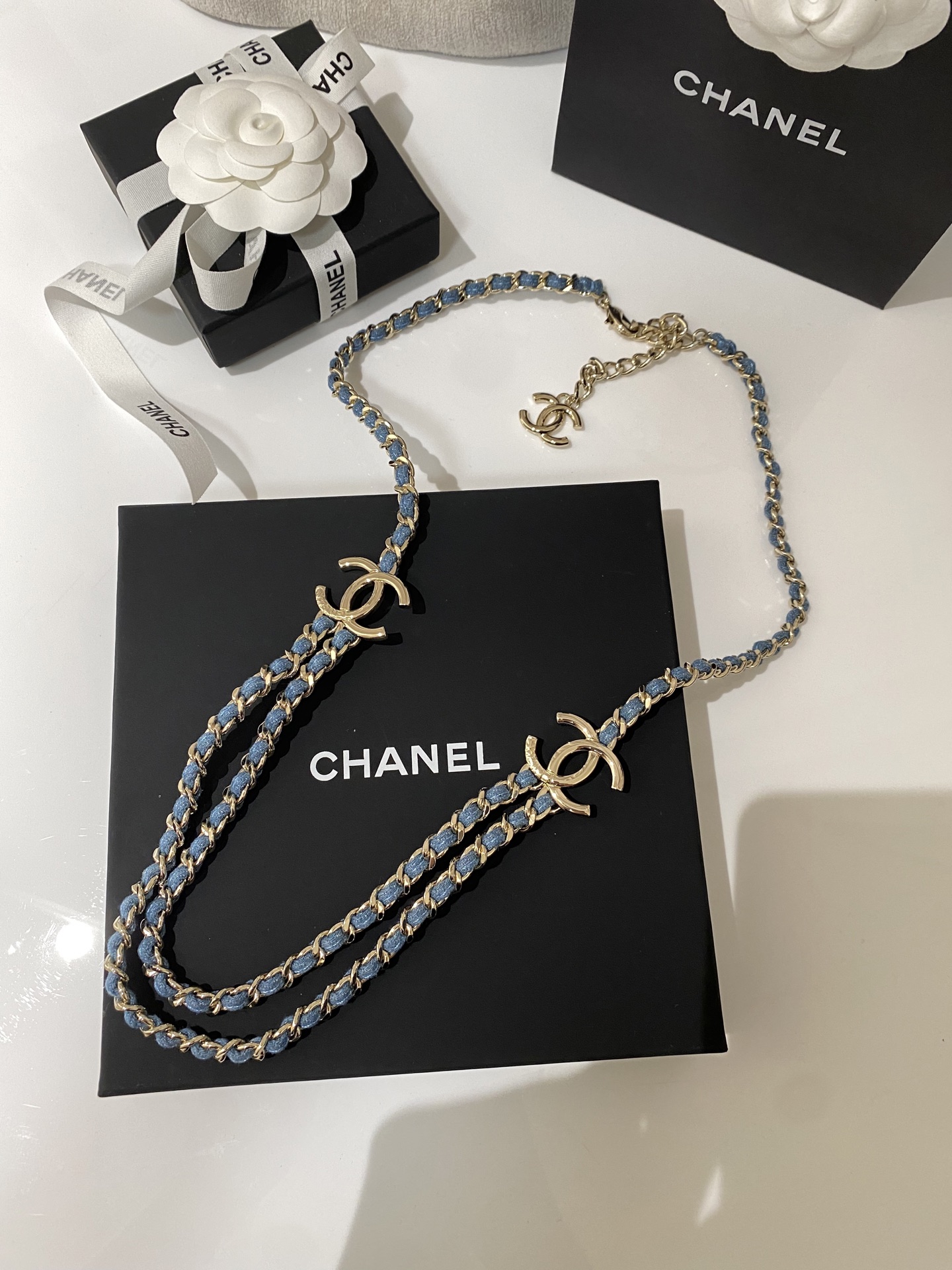 Chanel CC Denim Woven Chain Double Layer Necklace necklace Light gold tone metal light blue denim woven chain 80cm with 5cm extender
