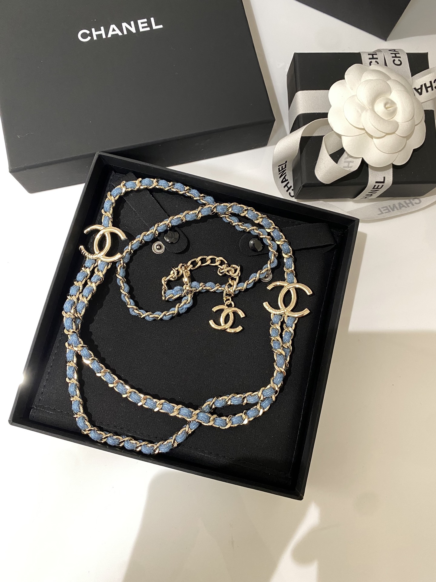 Chanel CC Denim Woven Chain Double Layer Necklace necklace Light gold tone metal light blue denim woven chain 80cm with 5cm extender