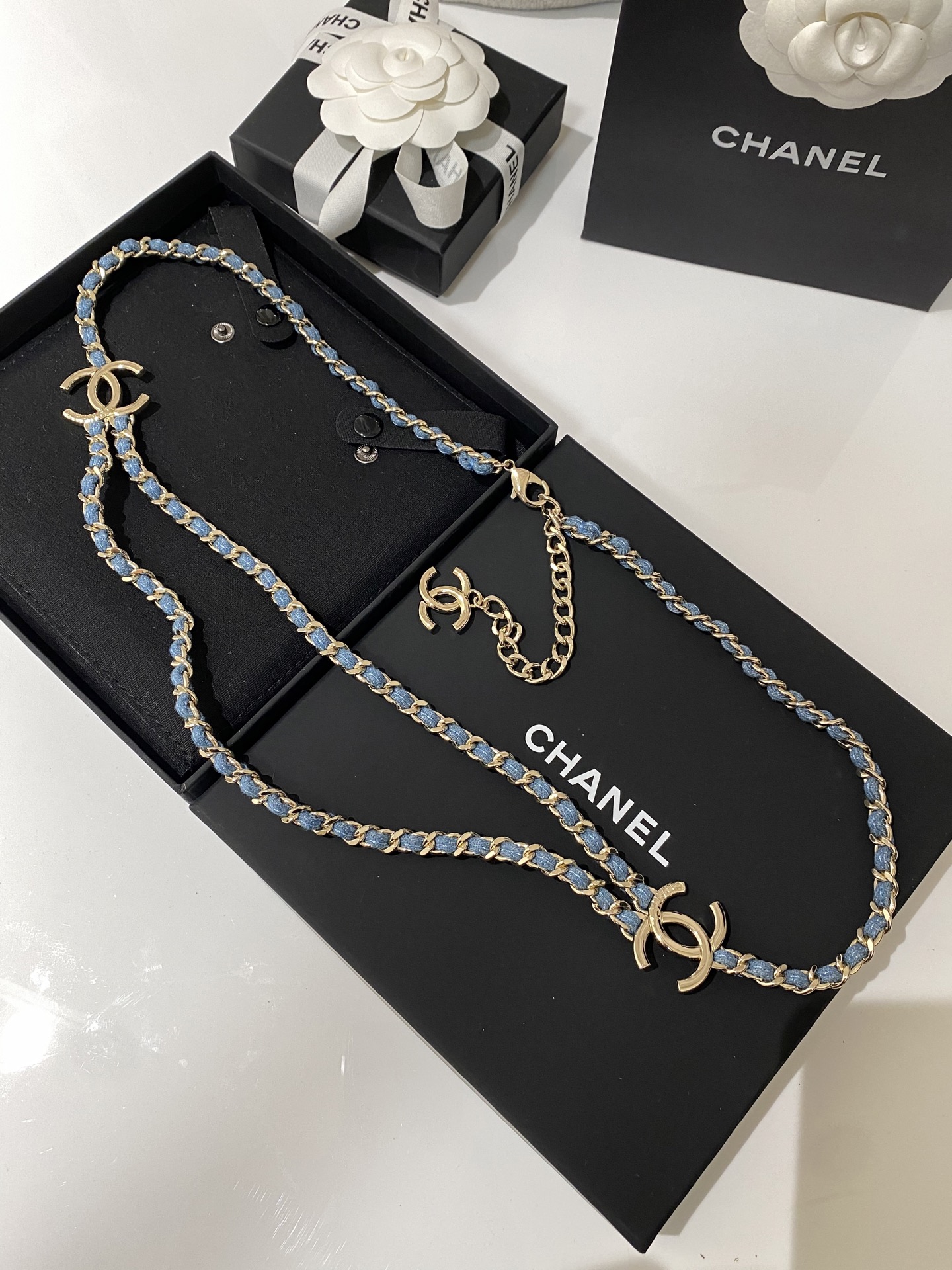 Chanel CC Denim Woven Chain Double Layer Necklace necklace Light gold tone metal light blue denim woven chain 80cm with 5cm extender