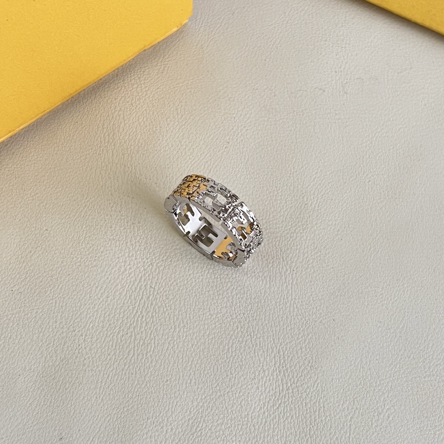 Fendi FF Logo Textured Band Ring ring Silver-tone metal with clear crystal accents US 7