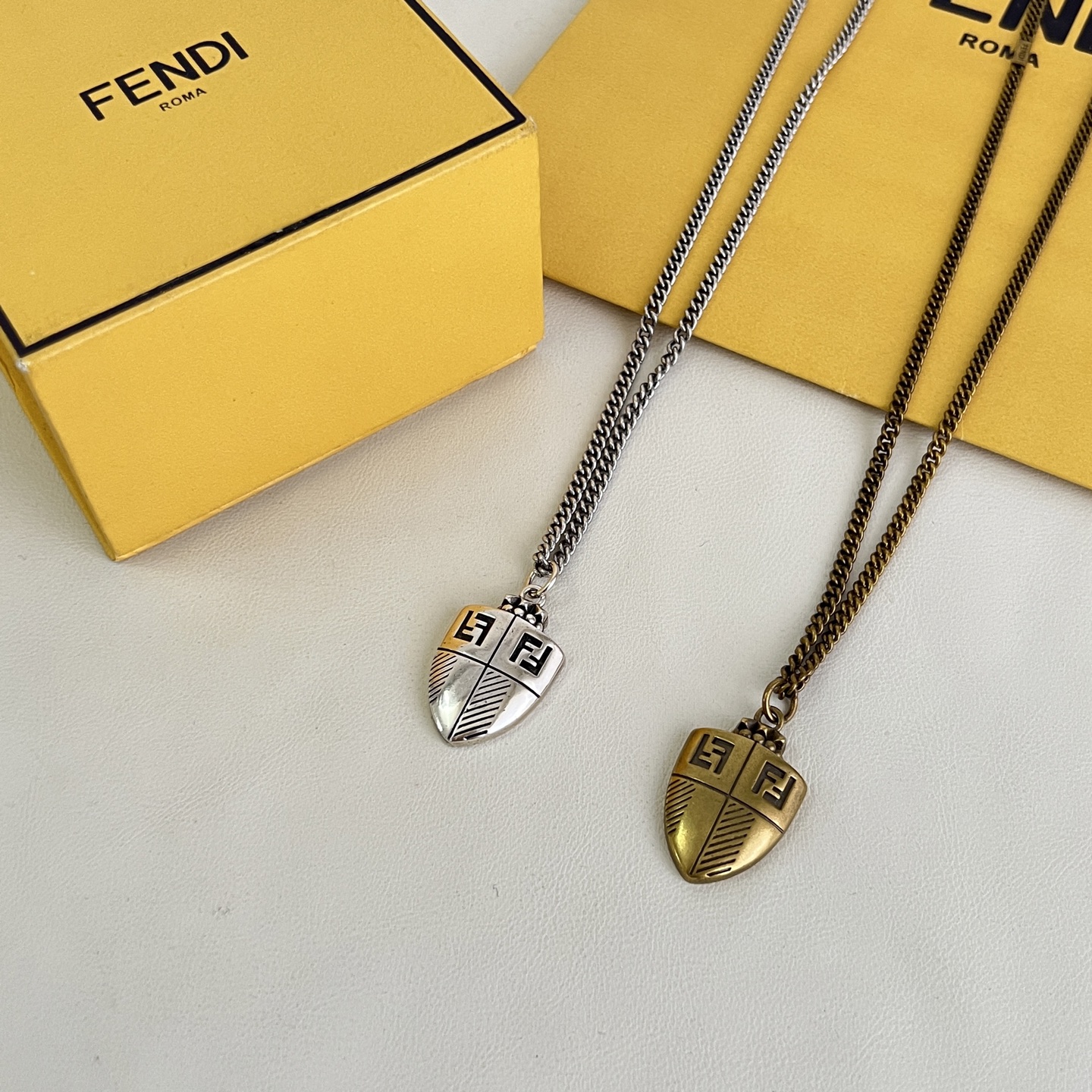Fendi FF Shield Pendant necklace antique brass gold 45cm