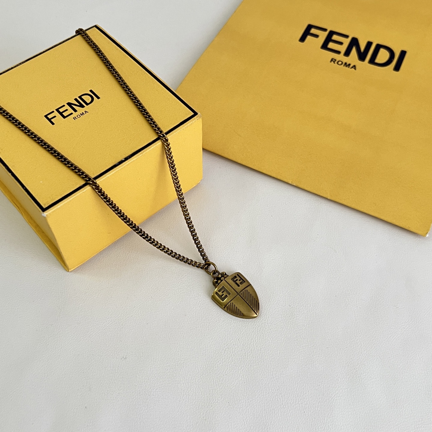 Fendi FF Shield Pendant necklace antique brass gold 45cm