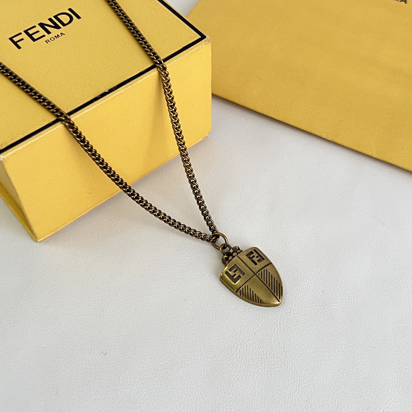 Fendi FF Shield Pendant necklace antique brass gold 45cm