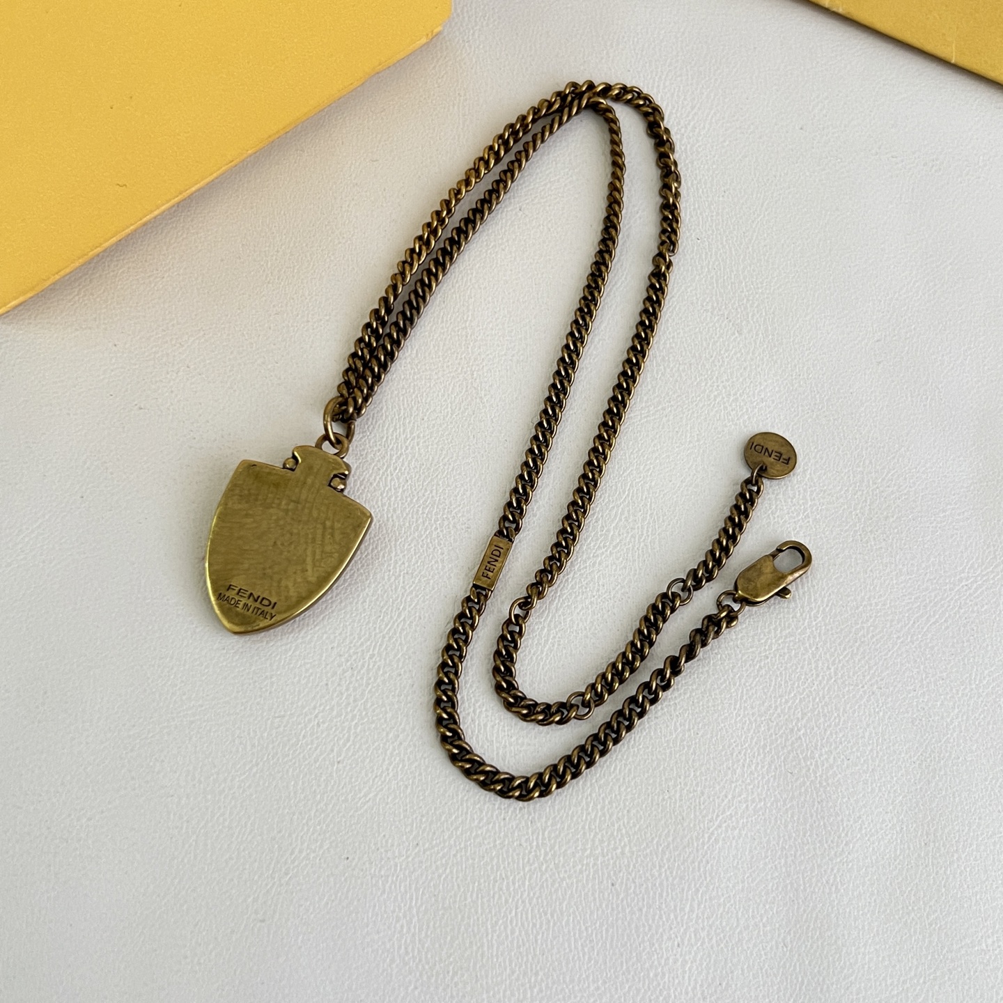 Fendi FF Shield Pendant necklace antique brass gold 45cm