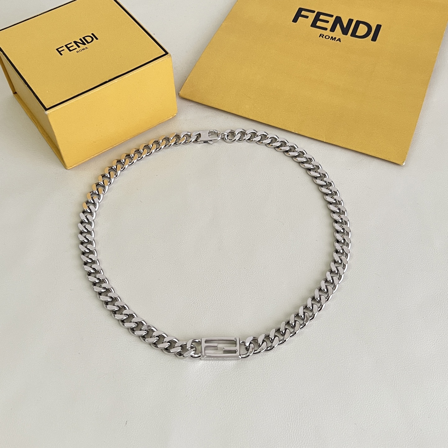 Fendi FF Logo Curb Chain necklace Silver-toned metal no accent stones 45cm