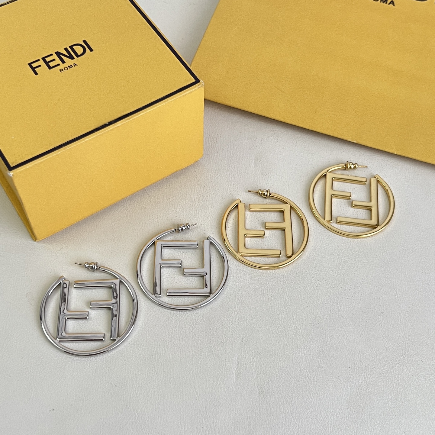 Fendi FF Logo Hoop earrings gold-tone metal no gemstones 4cm diameter