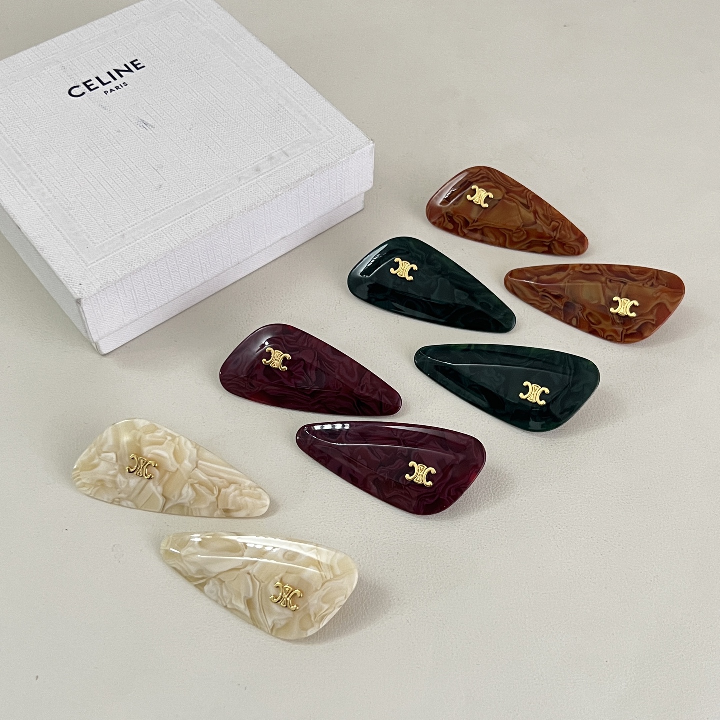Celine Triomphe Marbled Acetate Hair Clip Set brooch Gold-tone metal with marbled acetate in brown tortoiseshell dark green burgundy and ivory cream 6cm per